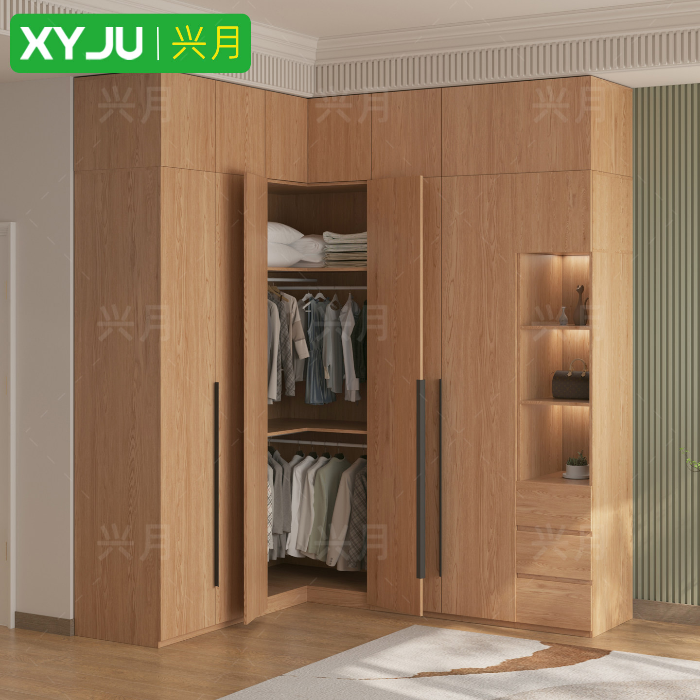 实木定制L型转角衣柜简约现代 橡木家用主卧室90度拐角大衣橱