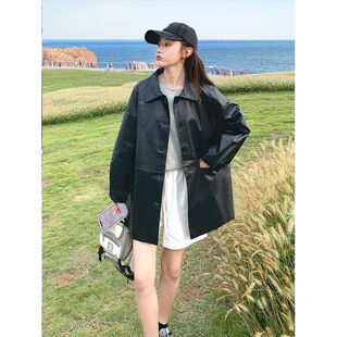 休闲翻领港风2024皮衣外套女春秋黑色百搭时髦新款 pu皮夹克bf复古