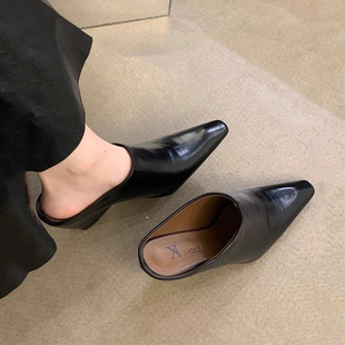外穿粗跟懒人穆勒鞋 包头半拖软皮小方头坡跟高跟凉拖2025新款 时尚