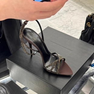 2025夏新款水钻棕色细高跟性感绸缎露趾尖头一字带交叉细带凉鞋女