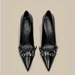 2025年新款细跟高跟鞋女小众设计感皮带扣黑色尖头浅口单鞋工作鞋