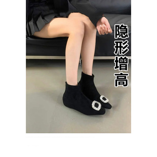 设计感小个子舒适短靴女2025新款气质百搭水钻方扣平底绒面瘦瘦靴