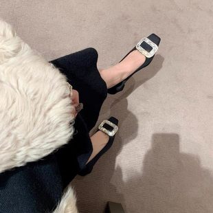 秋冬新款浅口单鞋女黑色船鞋方扣水钻粗跟中跟瓢鞋子粗跟高跟鞋女