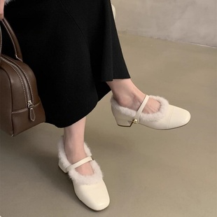 粗跟玛丽珍鞋女冬2025新款法式晚风毛毛鞋女外穿加绒仙女高跟单鞋