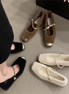 粗跟法式小香风毛毛鞋女鞋子外穿2025秋冬季单鞋加绒玛丽珍晚晚鞋