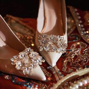 杏色法式绸缎面婚鞋细跟尖头浅口水钻方扣高跟鞋女新娘新款单鞋女