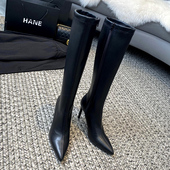 白色细跟长靴2025欧美秋冬新款 女靴侧拉链弹力时尚 尖头高跟长筒靴