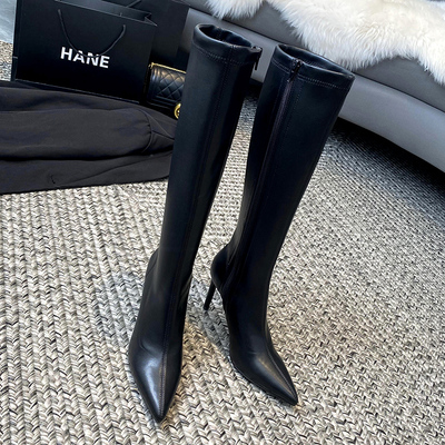尖头细跟侧拉链中筒长筒靴