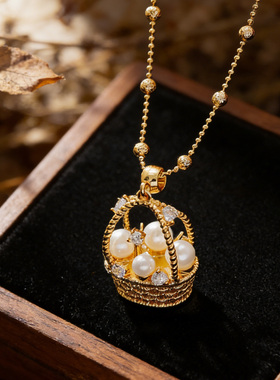 立体编织篮仿珍珠嵌锆石吊坠项链小众精致轻奢气质百搭锁骨链潮