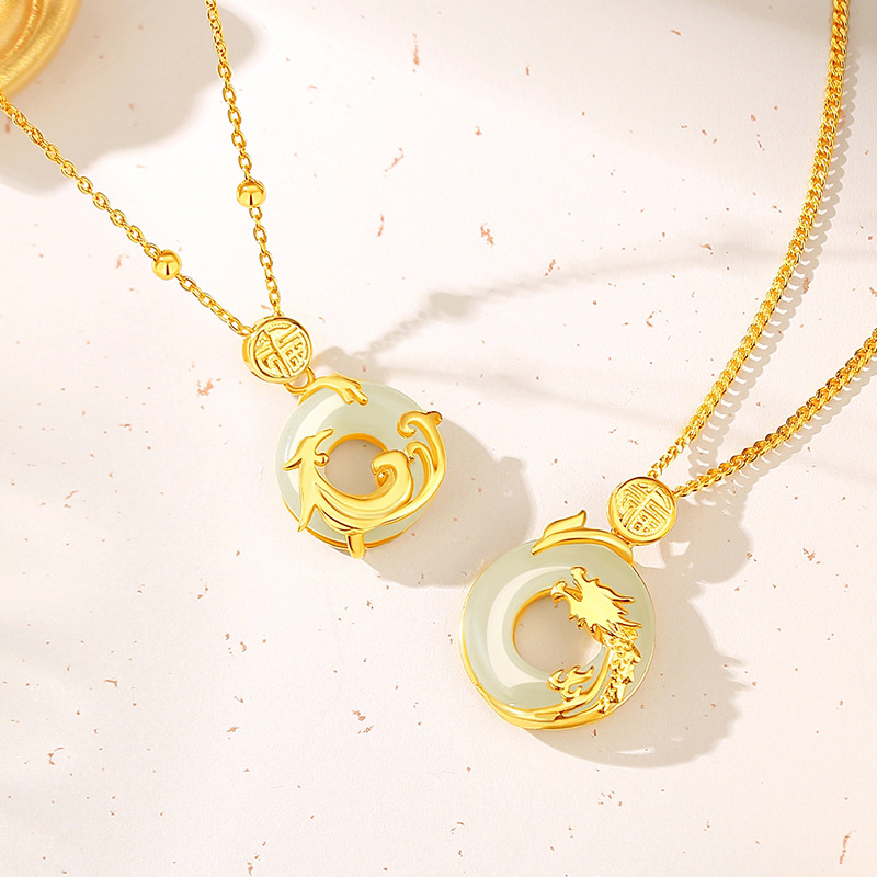 S925纯银镀18K金色龙凤平安扣情侣项链中国风福字和田玉锁骨链