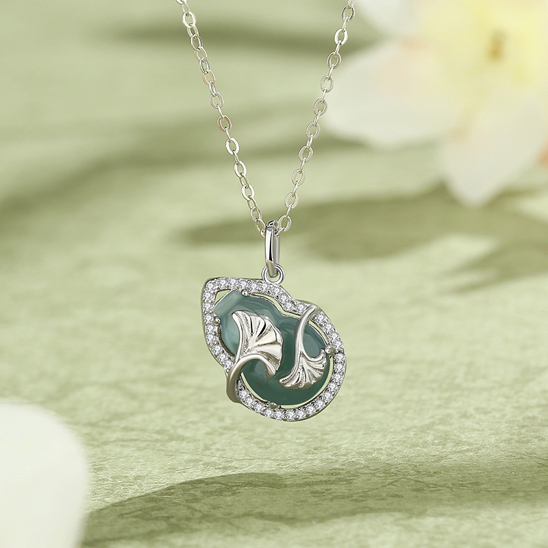 S925纯银三生有杏葫芦吊坠项链女复古文艺中国风福禄杏叶翡翠项饰