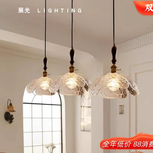 中古风三头餐厅吊灯全铜实木复古餐桌吧台饭厅灯法式过道床头灯具