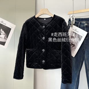 西班牙D菱形格 黑色丝绒衍缝棉圆领纽扣百搭加厚温暖夹棉衣外套女