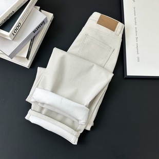 捡漏~牛货！石灰白牛仔一体磨毛加绒直筒裤窄版阔腿裤长裤女秋冬