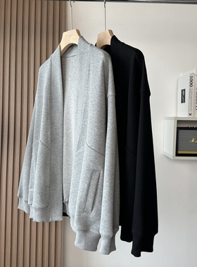 高街模拍！美式BF风 及简慵懒范V领无扣弹力棉感开衫宽松外套女秋