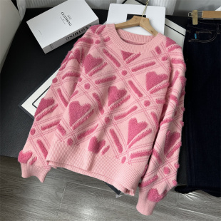 温柔粉 爱心植绒提花绵软毛衣女2023秋冬宽松慵懒风外穿针织上衣