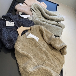 夹克双面毛毛外套 单排扣短款 日单代工厂 仿羊羔毛颗粒绒圆领开衫