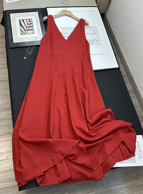 西班牙D~及简法式亚麻吊带红色连衣裙无袖背心裙显瘦气质a字长裙