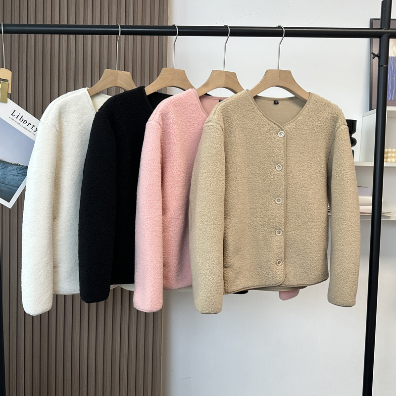 圆领单排扣颗粒绒羊羔绒开衫外套