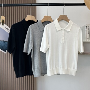 针织衫 t恤女休闲上衣夏 及简风100%棉POLO领半开襟短袖 不过时经典