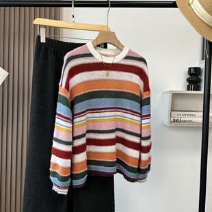 多巴胺色彩条！撞色条纹羊毛混纺宽松针织衫圆领灯笼袖毛衣女春季