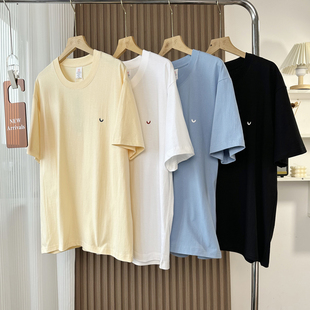 情侣款 100棉 纯色精致简约印花宽松休闲百搭男女圆领多色T恤夏季