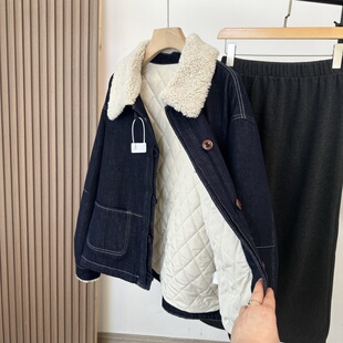 复古原牛！温暖显瘦羊羔毛翻领宽松短款工装夹棉牛仔棉衣外套女冬