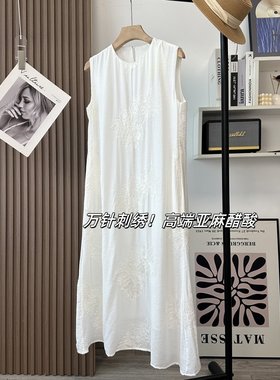 重磅刺绣亚麻白色无袖裙长裙