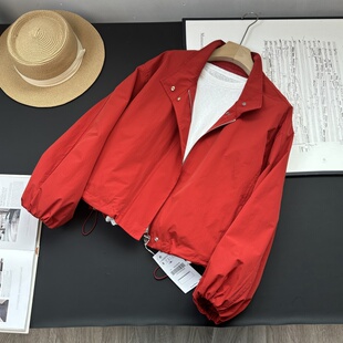 z柜~！韩系早秋穿搭短款棒球服巨好看的立领红色冲锋衣夹克外套女
