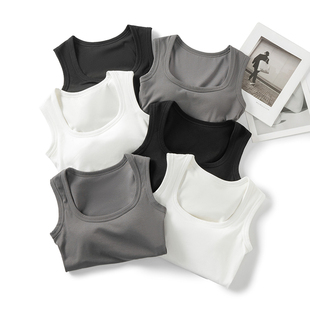 免穿文胸~立体胸垫一体罩杯大U领口露锁骨运动健身吊带背心女外穿