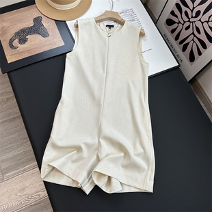 西班牙D~及简老钱风气质通勤亚麻透气松弛慵懒休闲无袖连体衣短裤