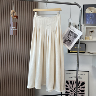冷清白缎面垂感飘逸中长百褶裙a字半身裙 法式 西班牙Dan 春夏新款
