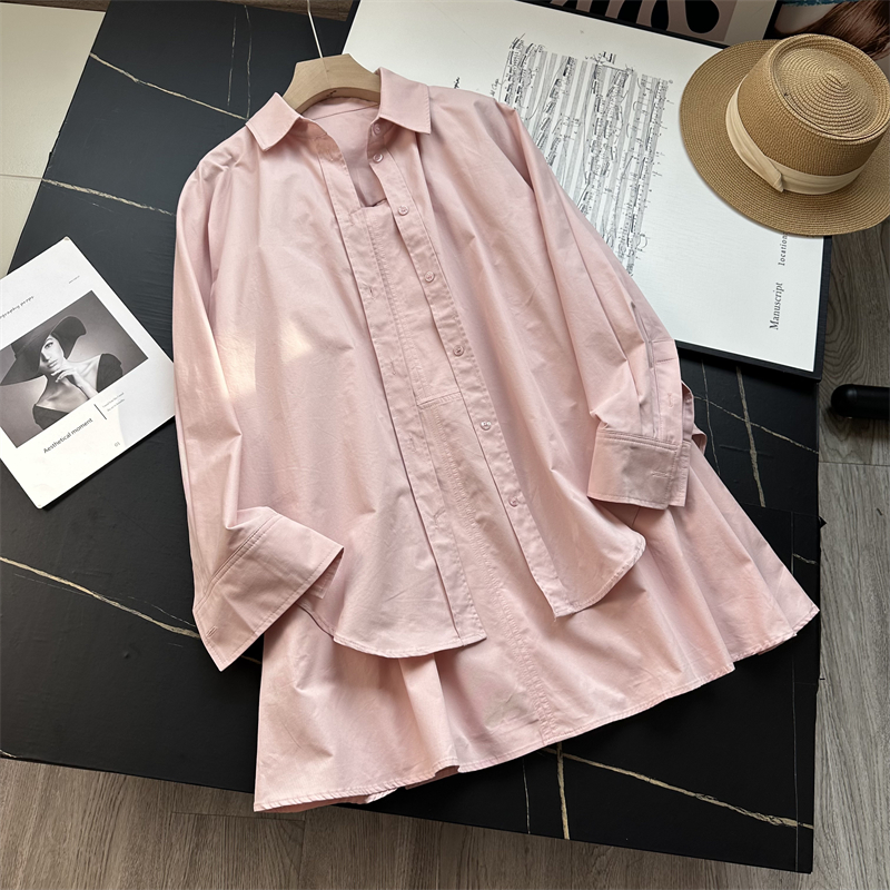 棉材质温柔粉色层叠喇叭形衬衫裙