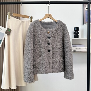 防风保暖仿皮草颗粒绒短大衣毛毛外套冬 时髦御寒一体麂皮绒