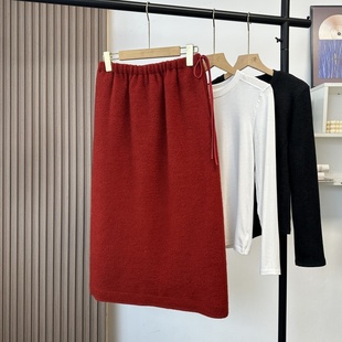 这抹红跨年裙~！复古圈圈羊毛呢半裙设计感抽绳后开叉中长直筒裙