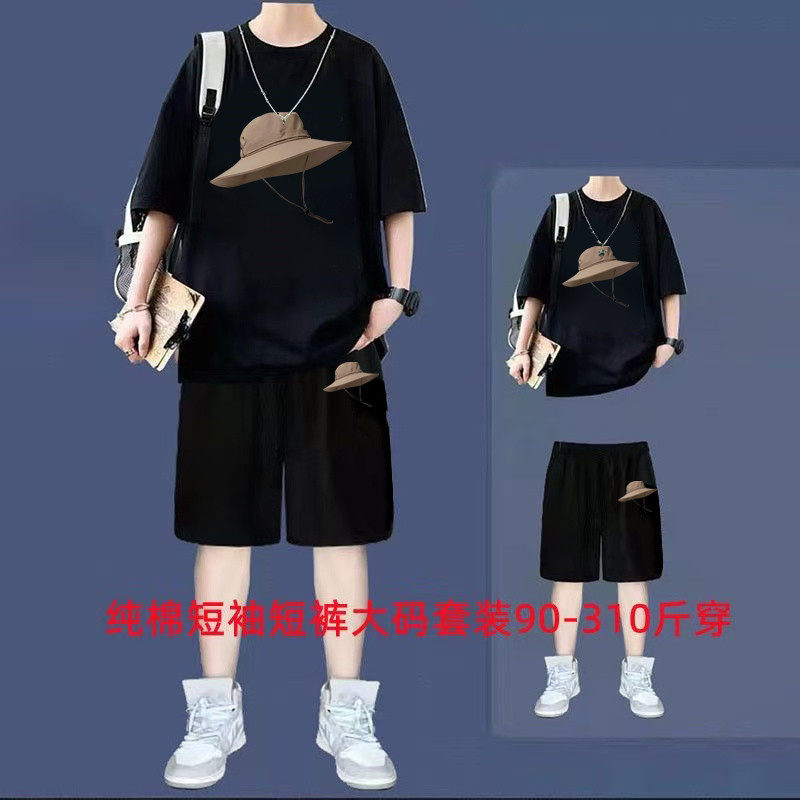青少年夏季宽松纯棉套装男短袖T恤2025新款加肥加大码运动男装潮,男装,时尚套装,淘宝优惠券,粉丝福利购,淘宝优惠卷