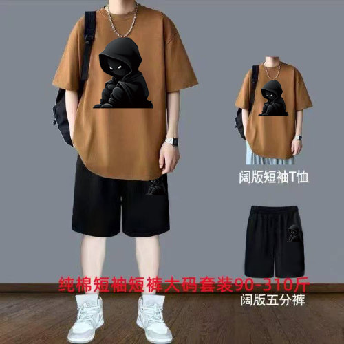 重磅纯棉青少年大码运动套装男士夏季薄款印花潮牌短袖短裤两件套