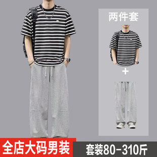 青少年夏季短袖套装男潮流帅气T恤肥佬加肥加大码学生长裤两件套
