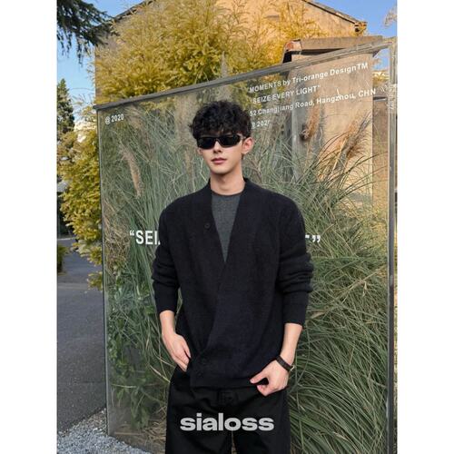 Sialoss秋季交叉针织开衫设计感重磅慵懒风V领长袖男老钱风外套