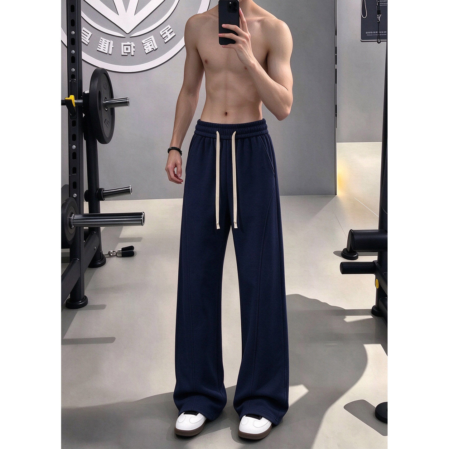 藏青色美式健身运动裤男款秋季cleanfit斜切休闲直筒裤弯刀长裤子