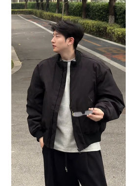 痞帅黑色立领飞行员夹克棉衣男冬季廓形蝙蝠袖短款棒球棉服厚外套