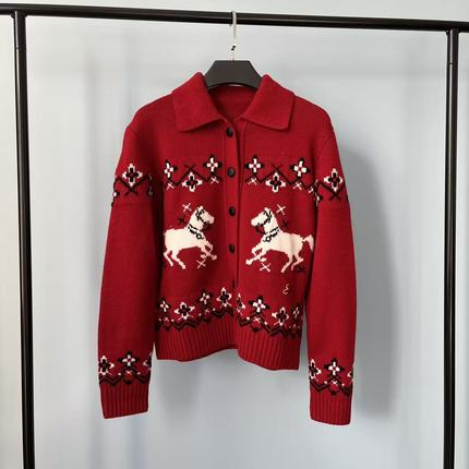 特价 超正的新年红！巨显白~费尔岛提花羊毛羊绒小马开衫毛衣