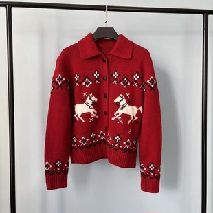 特价 超正的新年红！巨显白~费尔岛提花羊毛羊绒小马开衫毛衣