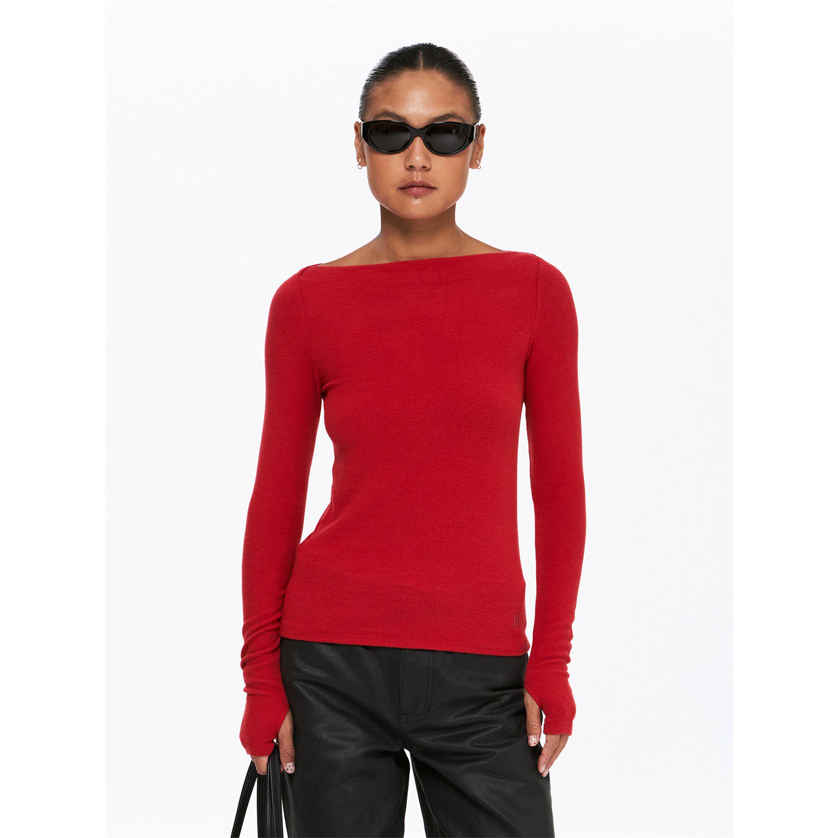 oneup磨毛一字肩红色长袖t恤女秋季小个子修身健身瑜伽运动上衣