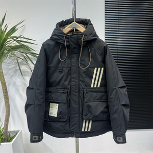 冬季条纹设计白鸭绒冲锋衣男潮牌宽松连帽羽绒服短款休闲保暖外套
