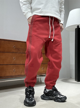 立体剪裁拼接条纹束脚裤男新款潮流百搭卫裤松紧腰抽绳休闲运动裤