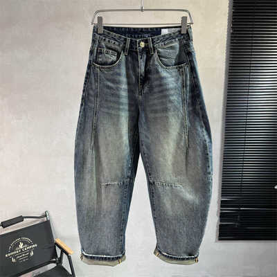 高街弯刀立体剪裁直筒牛仔裤