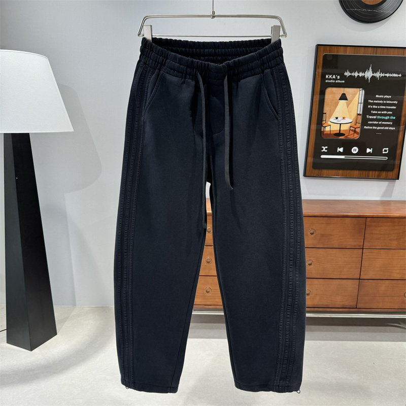 条纹加厚休闲裤男宽松直筒阔腿裤