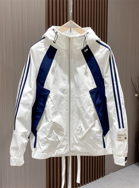 春秋拼色条纹冲锋衣男士百搭连帽上衣外套时尚帅气宽松休闲夹克男