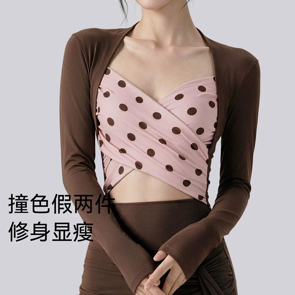假两件瑜伽服长袖女波点撞色拼接抹胸普拉提上衣外穿显瘦健身服秋